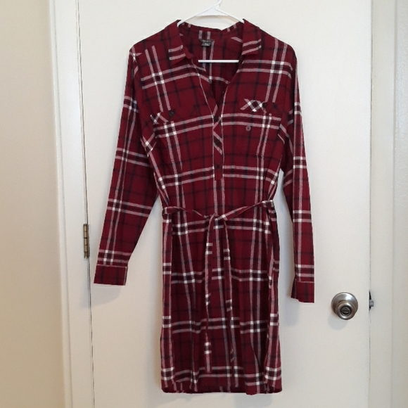 Maroon Plaid Flannel Shirt Dress Sz 